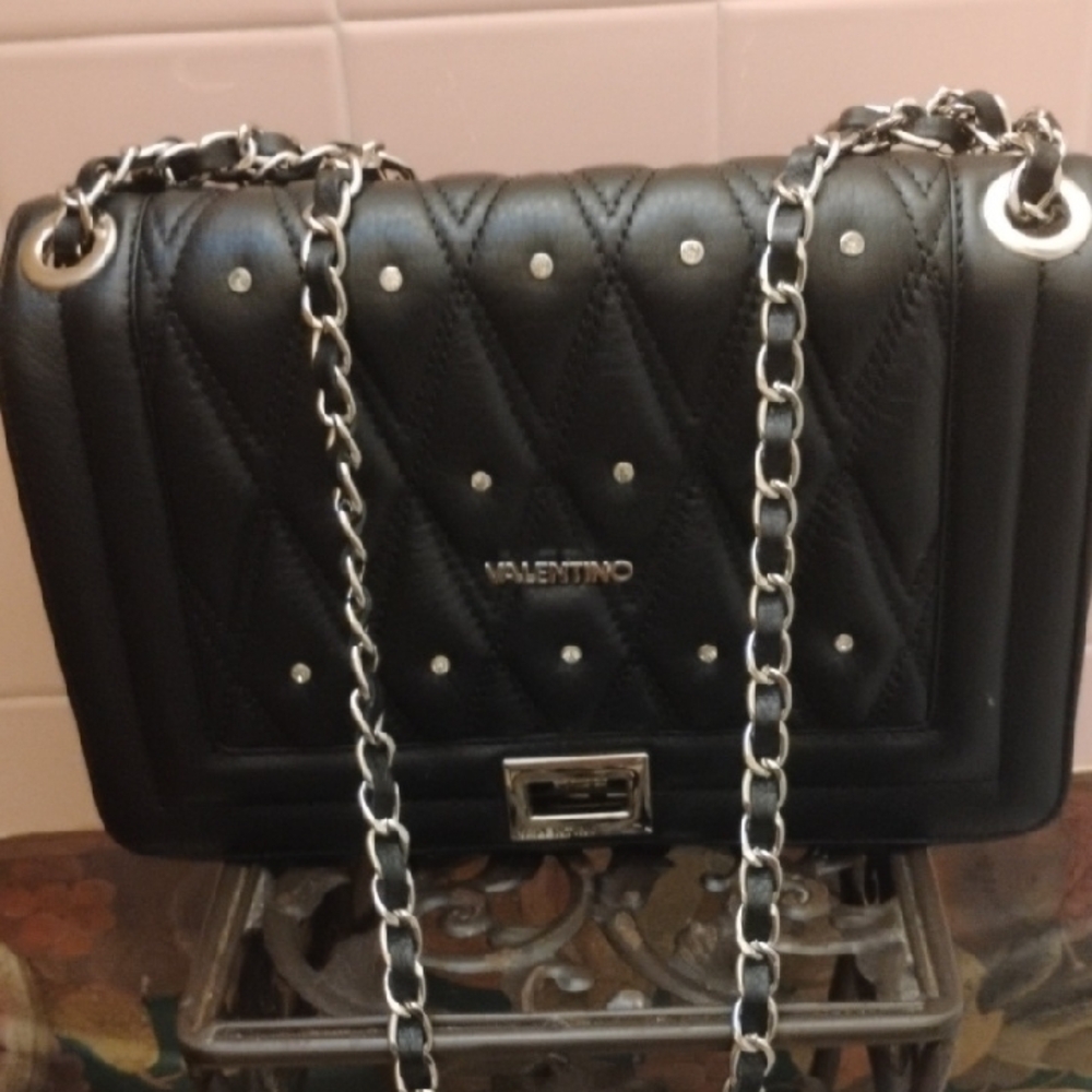 Valentino Black Quilted Leather Crossbody with Silver Studs & Chain